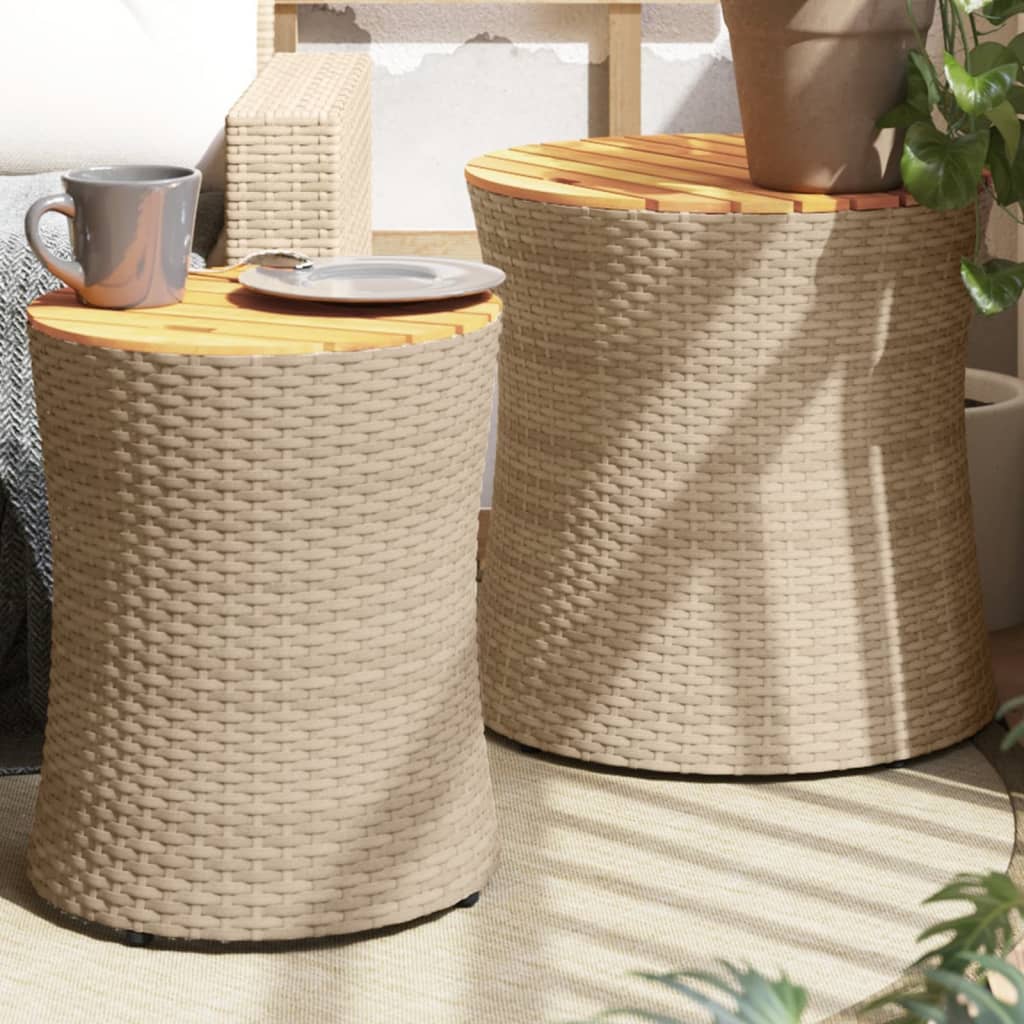 Garden Side Tables 2 pcs with Wooden Top Beige Poly Rattan