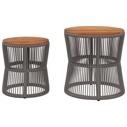 Garden Side Tables 2 pcs with Wooden Top Grey Poly Rattan