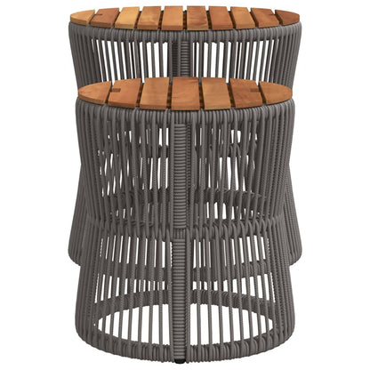 Garden Side Tables 2 pcs with Wooden Top Grey Poly Rattan