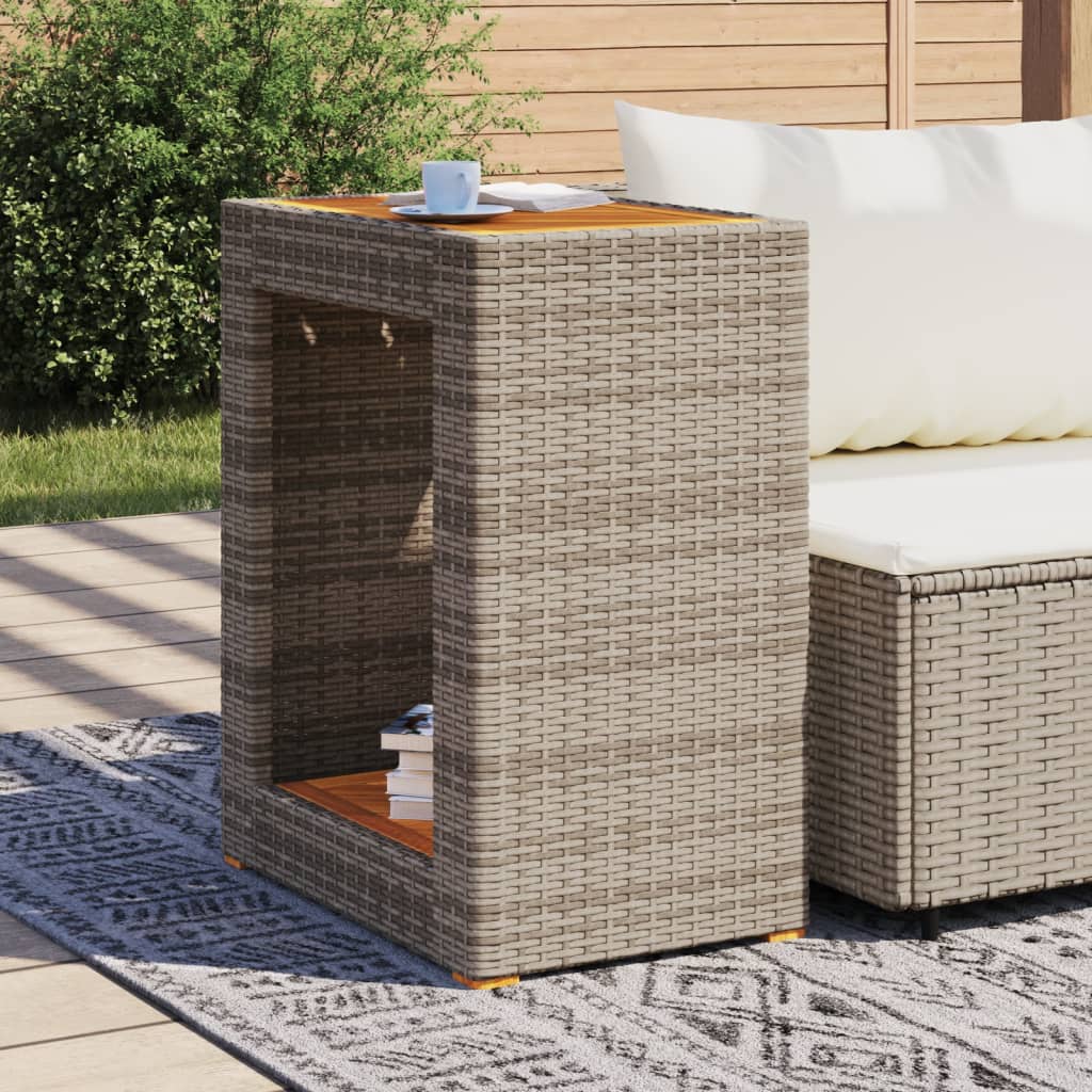 Garden Side Table with Wooden Top Grey 60x40x75 cm Poly Rattan