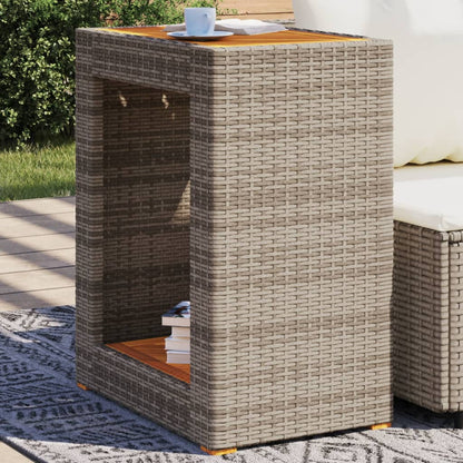 Garden Side Table with Wooden Top Grey 60x40x75 cm Poly Rattan