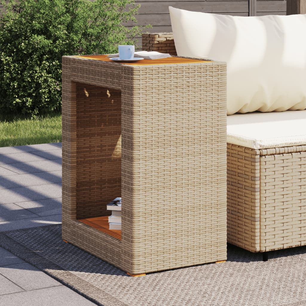 Garden Side Table with Wooden Top Beige 60x40x75 cm Poly Rattan