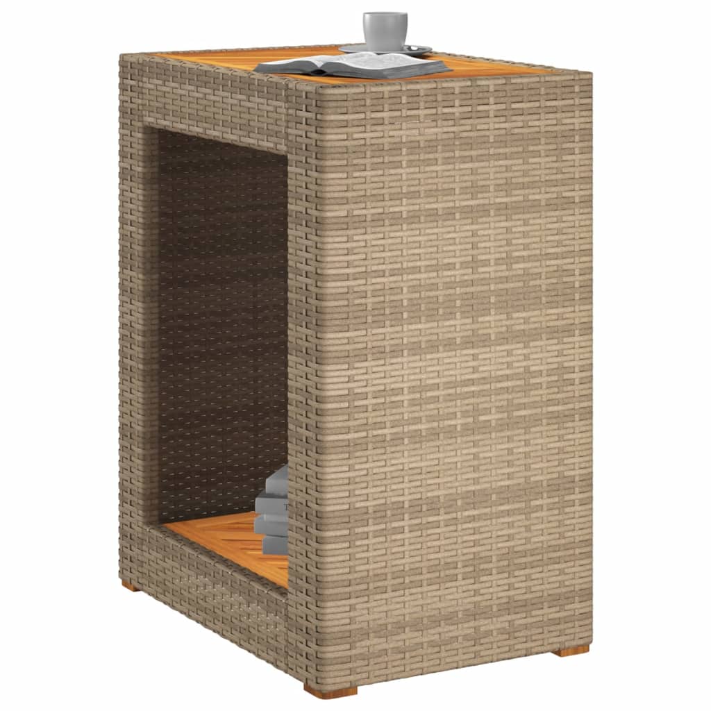 Garden Side Table with Wooden Top Beige 60x40x75 cm Poly Rattan