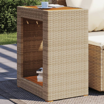 Garden Side Table with Wooden Top Beige 60x40x75 cm Poly Rattan