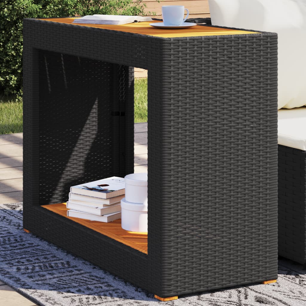 Garden Side Table with Wooden Top Black 100x40x75 cm Poly Rattan