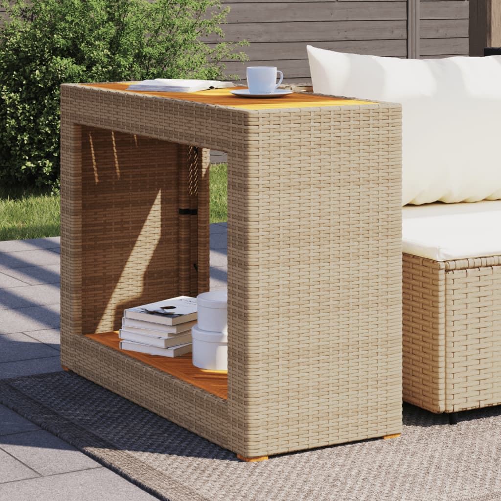 Garden Side Table with Wooden Top Beige 100x40x75 cm Poly Rattan