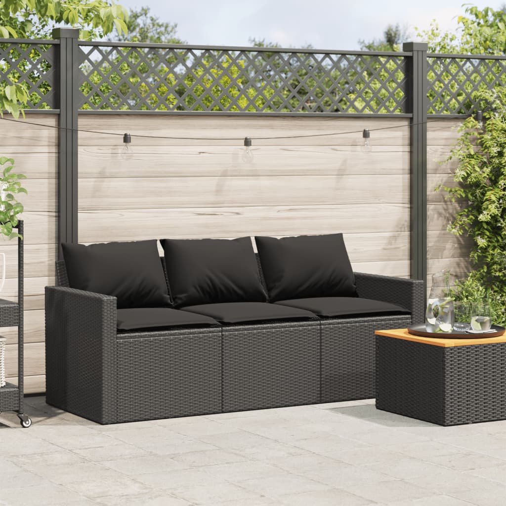 Garden Sofa with Cushions 3-Seater Black Poly Rattan