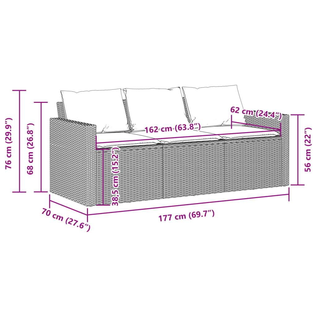 Garden Sofa with Cushions 3-Seater Brown Poly Rattan