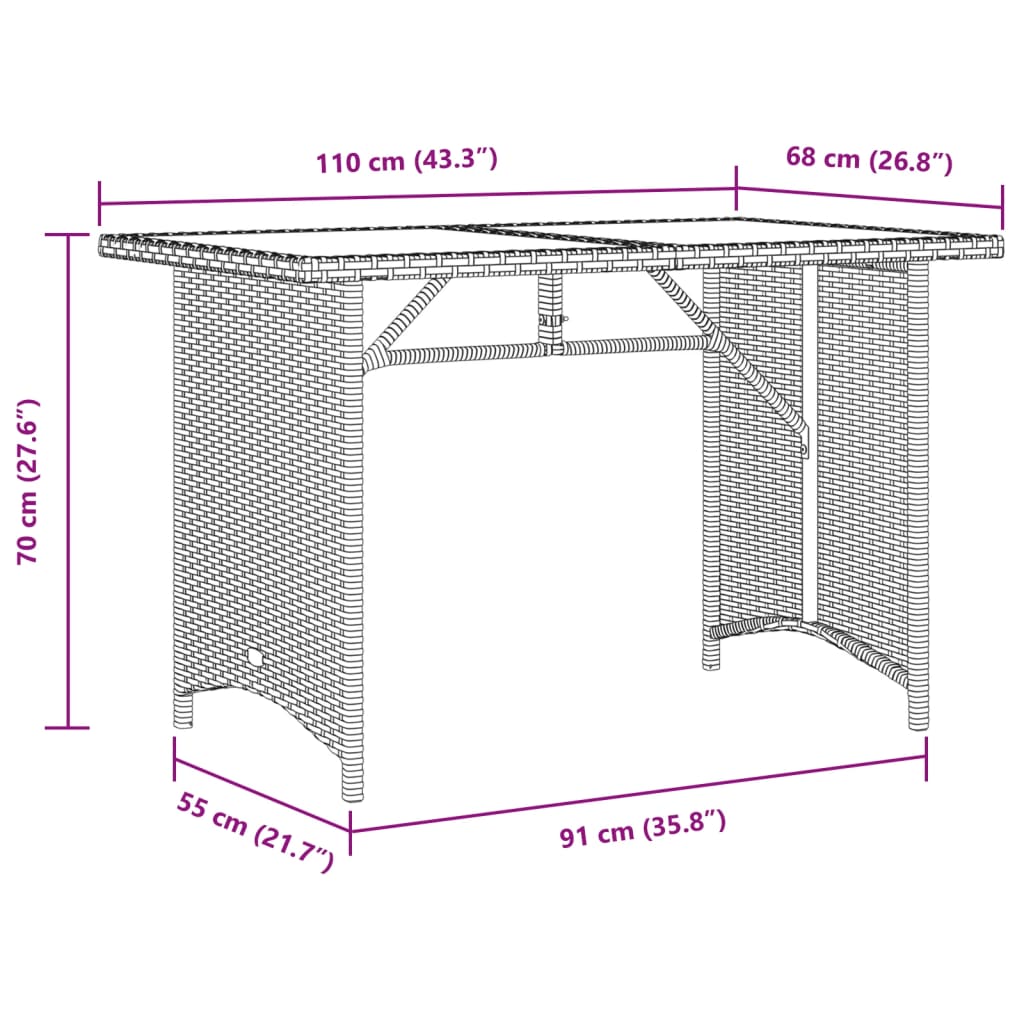 Garden Table with Glass Top Brown 110x68x70 cm Poly Rattan