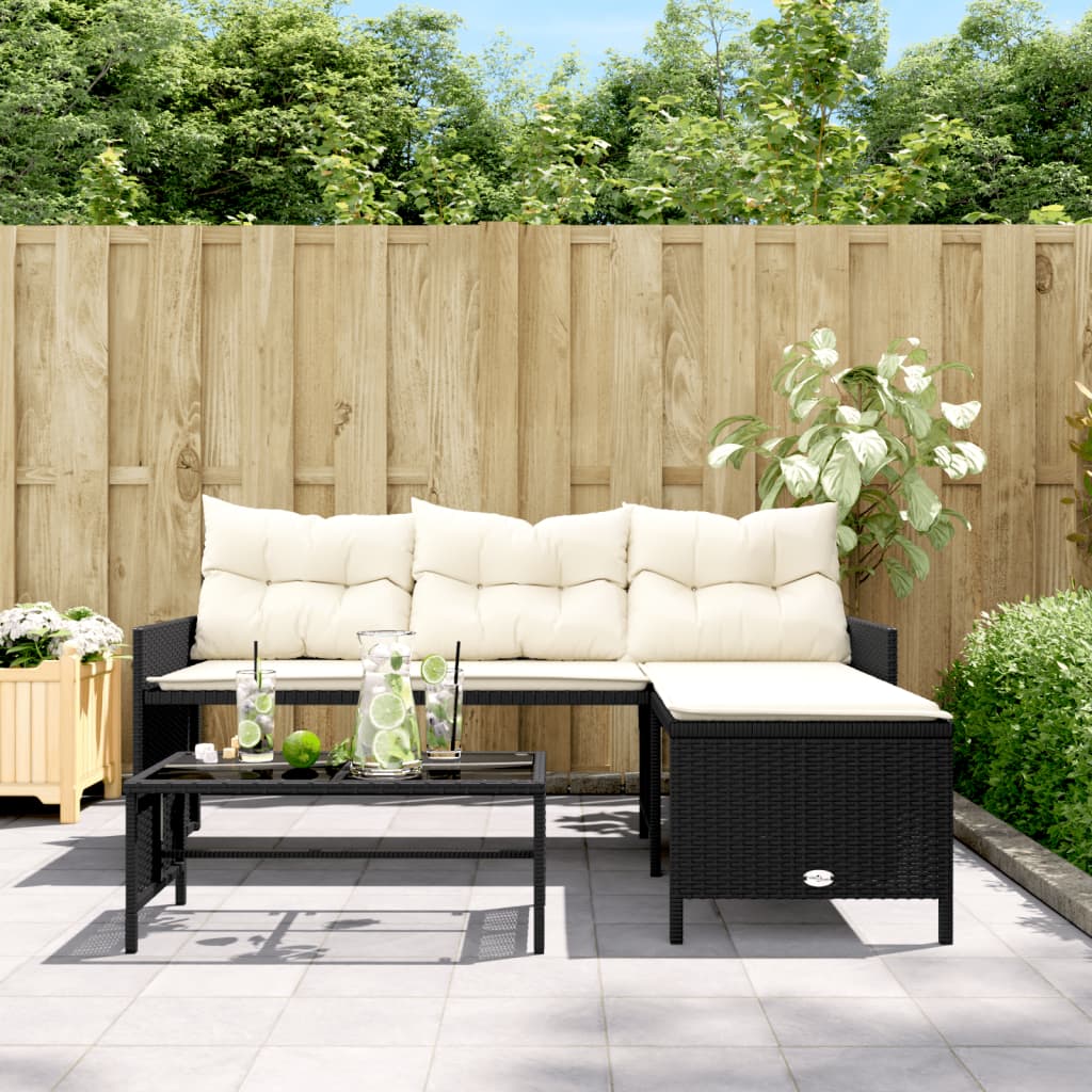 Garden Sofa with Table and Cushions L-Shaped Black Poly Rattan