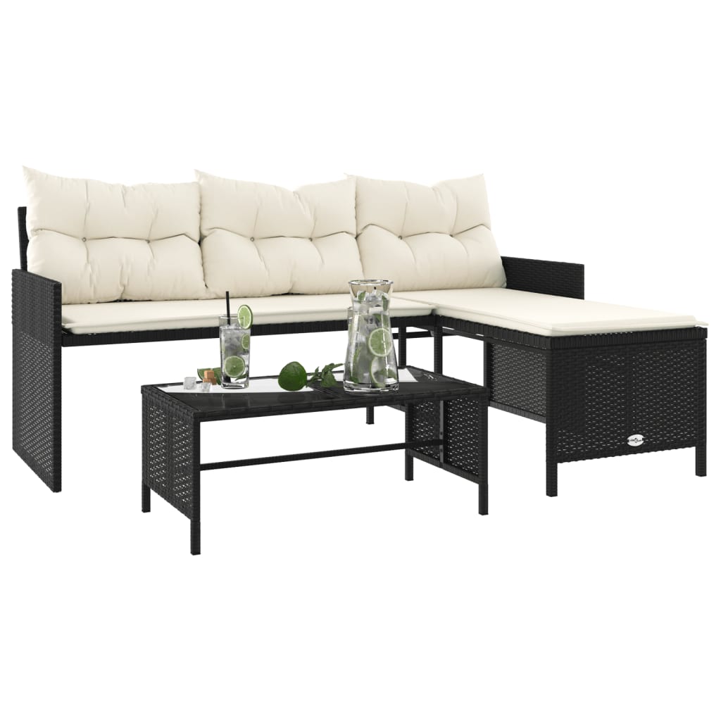 Garden Sofa with Table and Cushions L-Shaped Black Poly Rattan