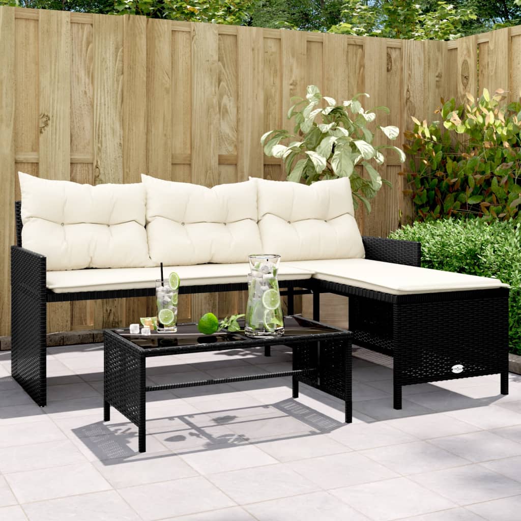 Garden Sofa with Table and Cushions L-Shaped Black Poly Rattan