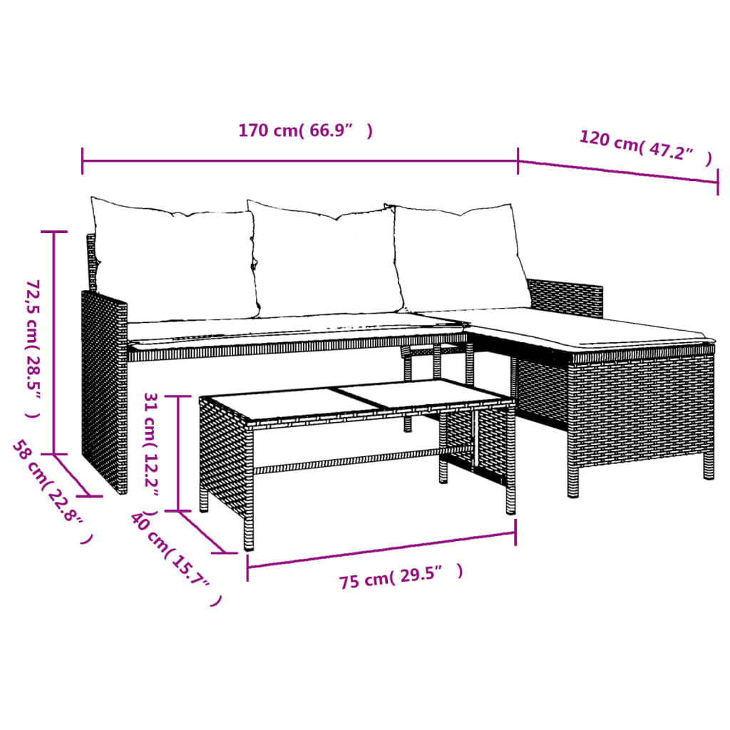 Garden Sofa with Table and Cushions L-Shaped Light Grey Poly Rattan