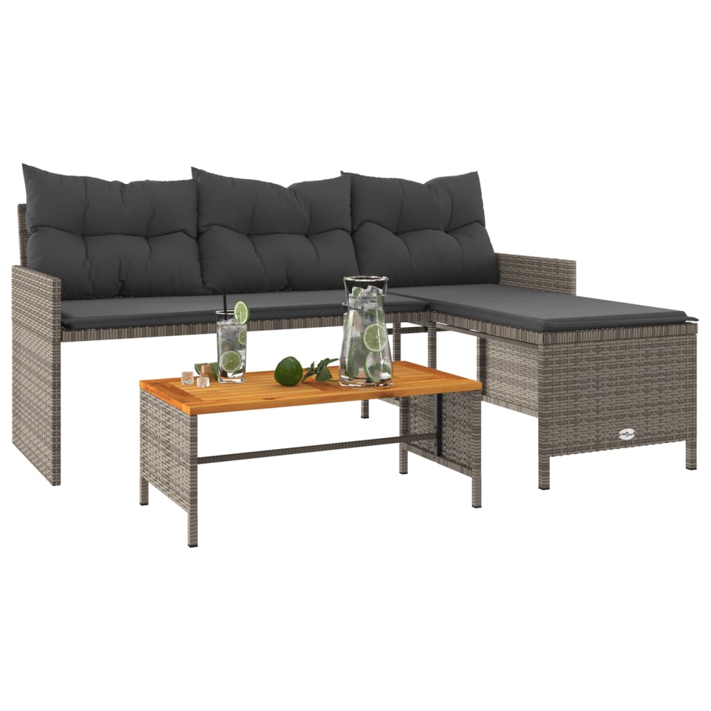 Garden Sofa with Table and Cushions L-Shaped Grey Poly Rattan