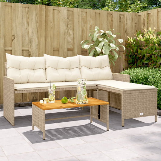 Garden Sofa with Table and Cushions L-Shaped Beige Poly Rattan