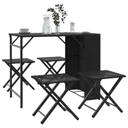 5 Piece Garden Dining Set Foldable Black Poly Rattan