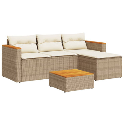 5 Piece Garden Sofa Set with Cushions Beige Poly Rattan Acacia