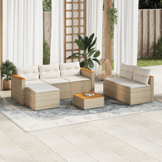 5 Piece Garden Sofa Set with Cushions Beige Poly Rattan Acacia