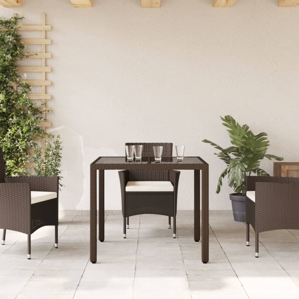 Garden Table with Glass Top Brown 90x90x75 cm Poly Rattan