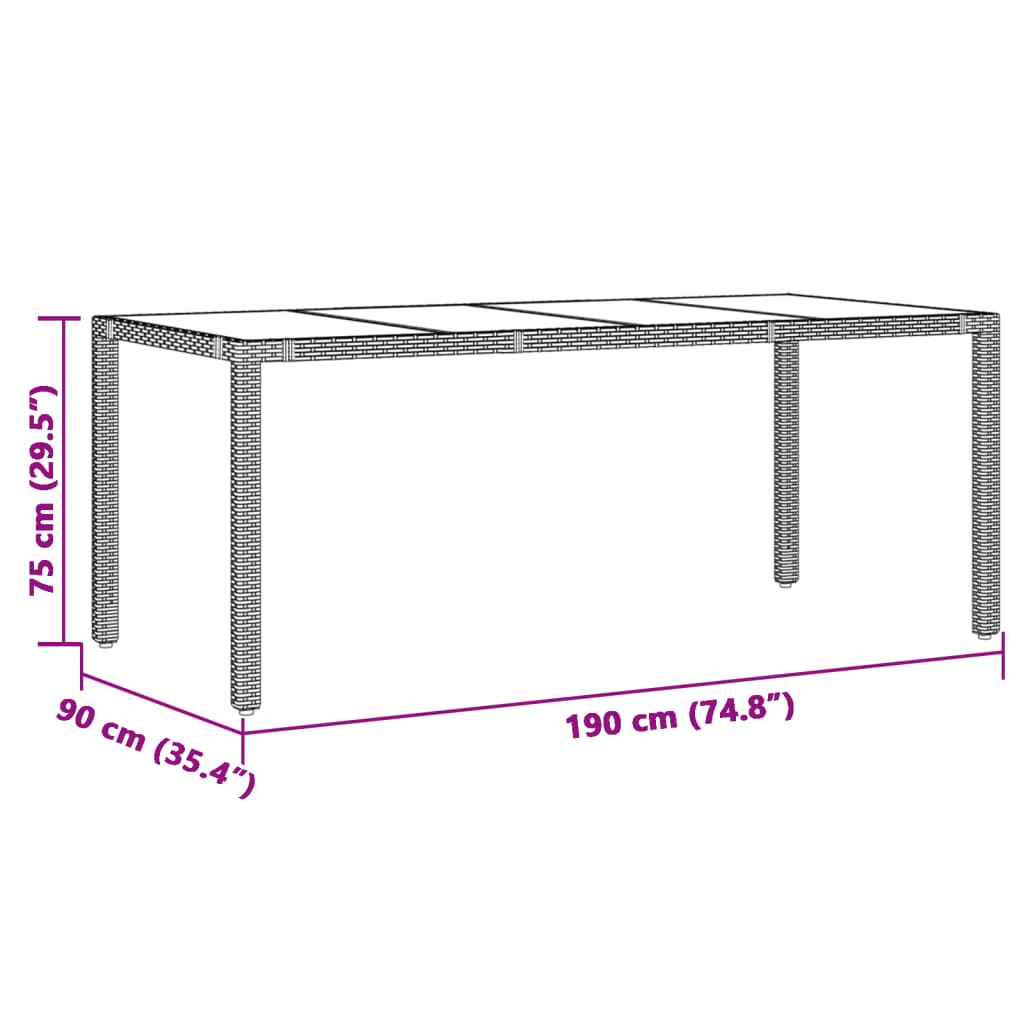 Garden Table with Glass Top Grey 190x90x75 cm Poly Rattan