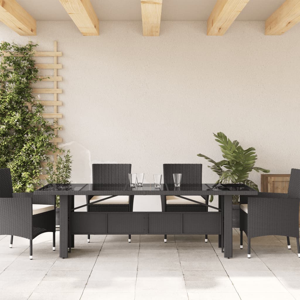 Garden Table with Glass Top Black 240x90x75 cm Poly Rattan