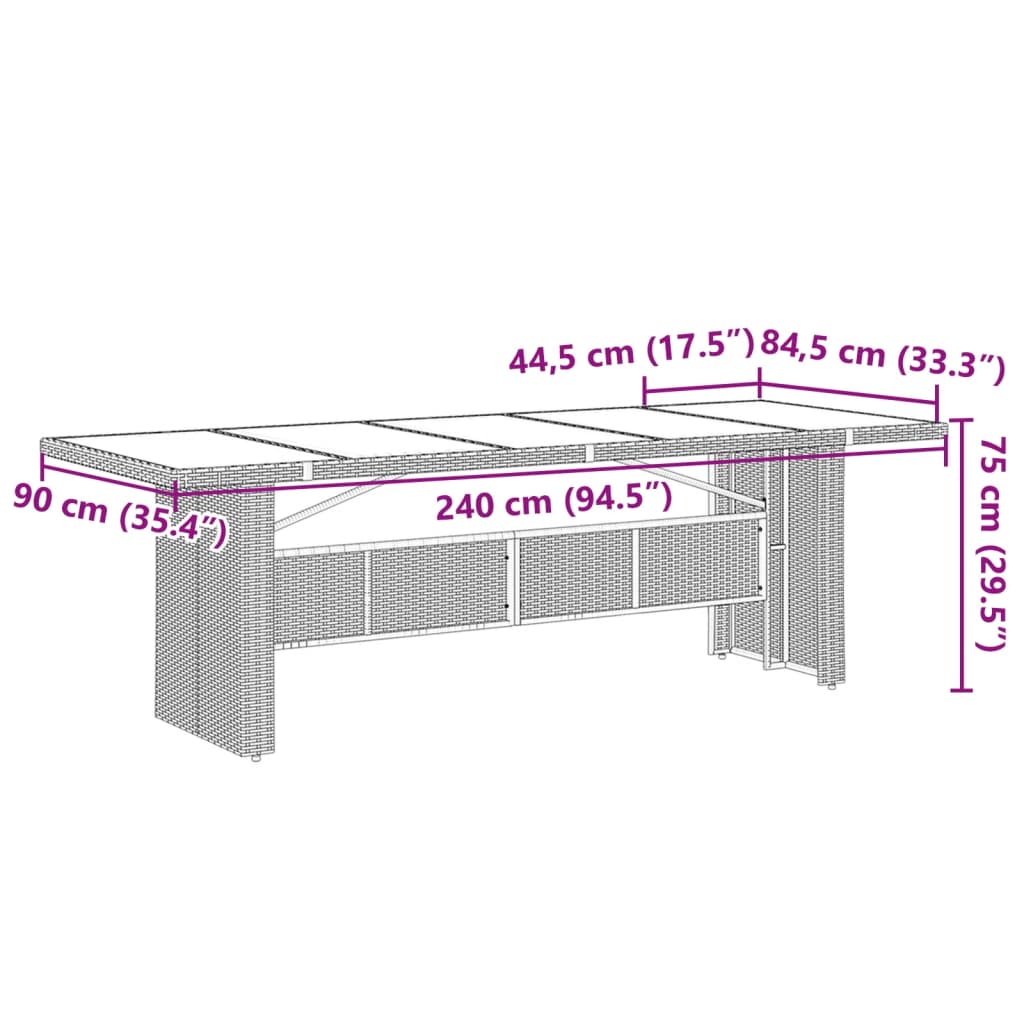 Garden Table with Glass Top Black 240x90x75 cm Poly Rattan