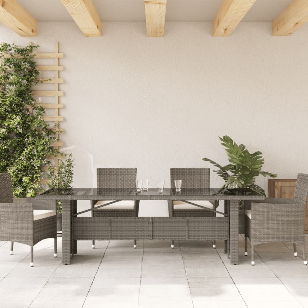 Garden Table with Glass Top Grey 240x90x75 cm Poly Rattan