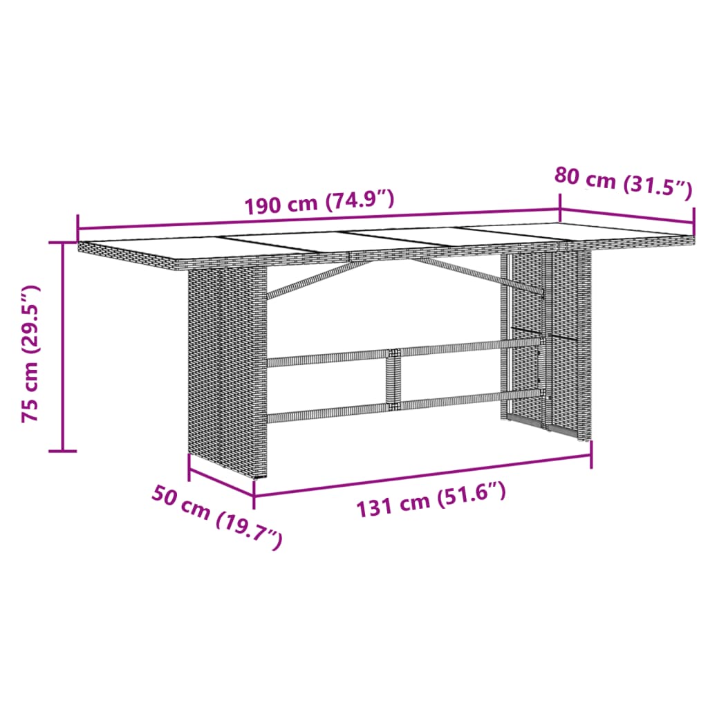 Garden Table with Glass Top Brown 190x80x75 cm Poly Rattan