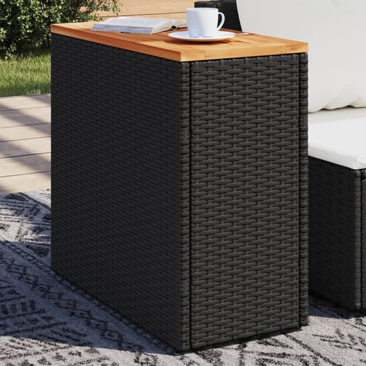 Garden Side Table with Wooden Top Black 58x27.5x55 cm Poly Rattan