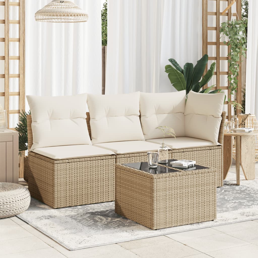 Garden Table with Glass Top Beige 55x55x37 cm Poly Rattan