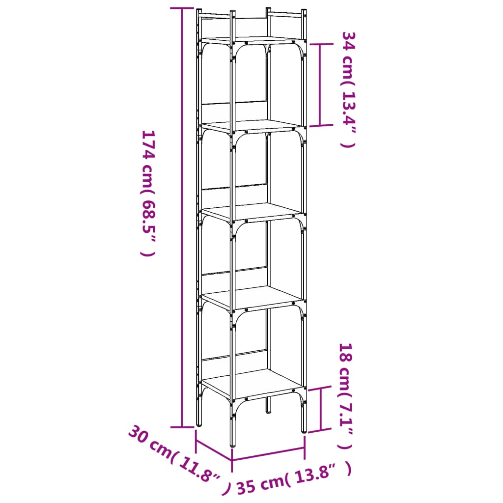 Bookshelf 5-Tier Grey Sonoma 35x30x174 cm Engineered Wood