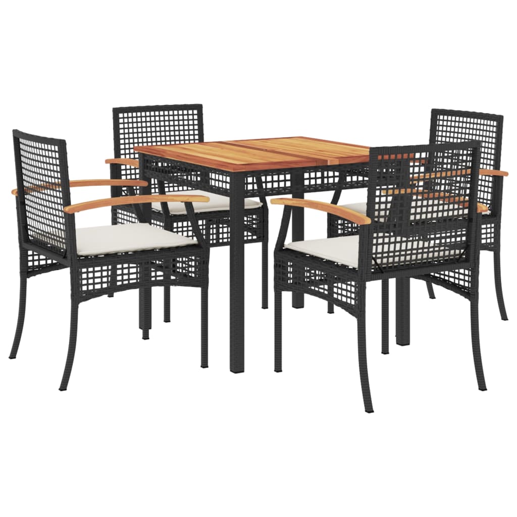 5 Piece Garden Dining Set with Cushions Black Poly Rattan