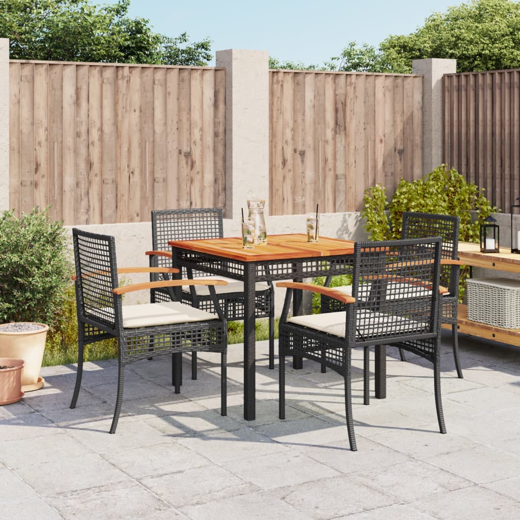 5 Piece Garden Dining Set with Cushions Black Poly Rattan