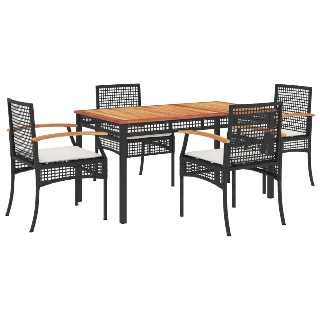 5 Piece Garden Dining Set with Cushions Black Poly Rattan