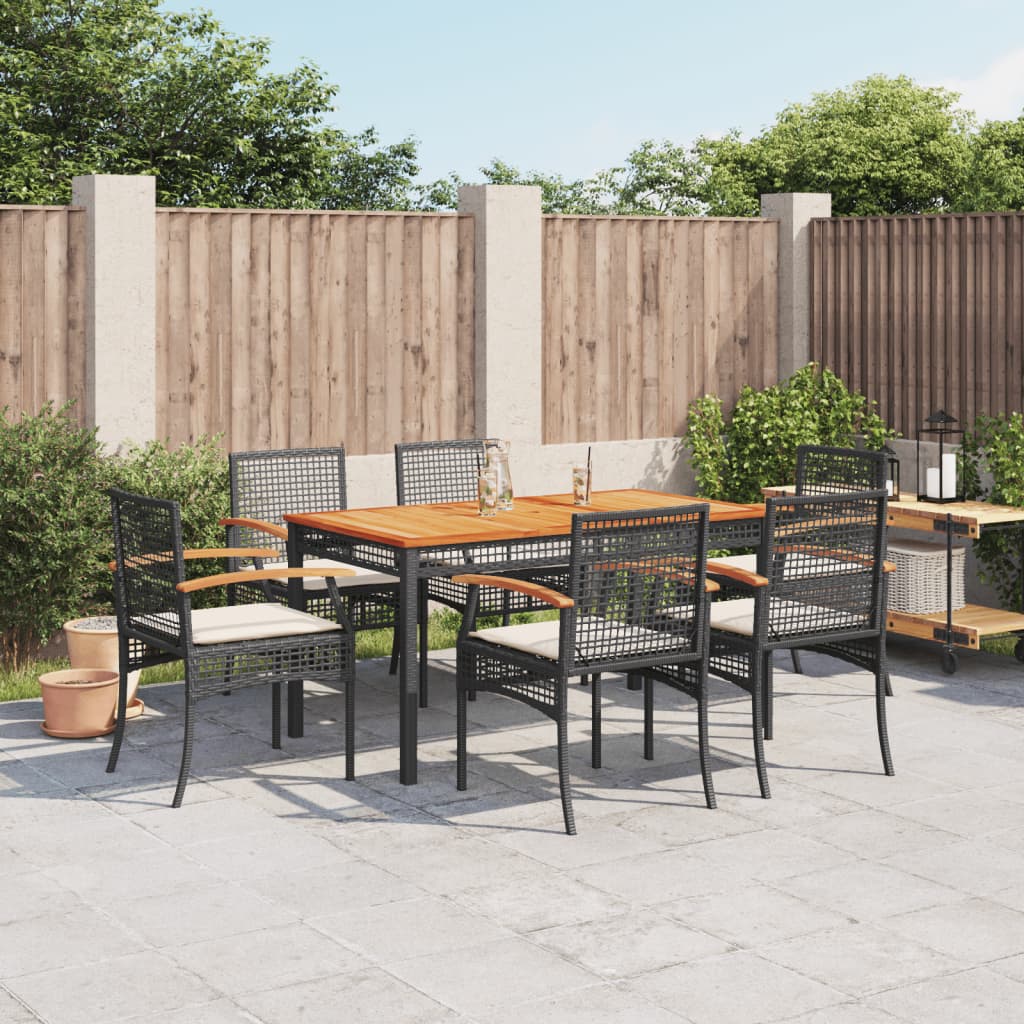 7 Piece Garden Dining Set with Cushions Black Poly Rattan