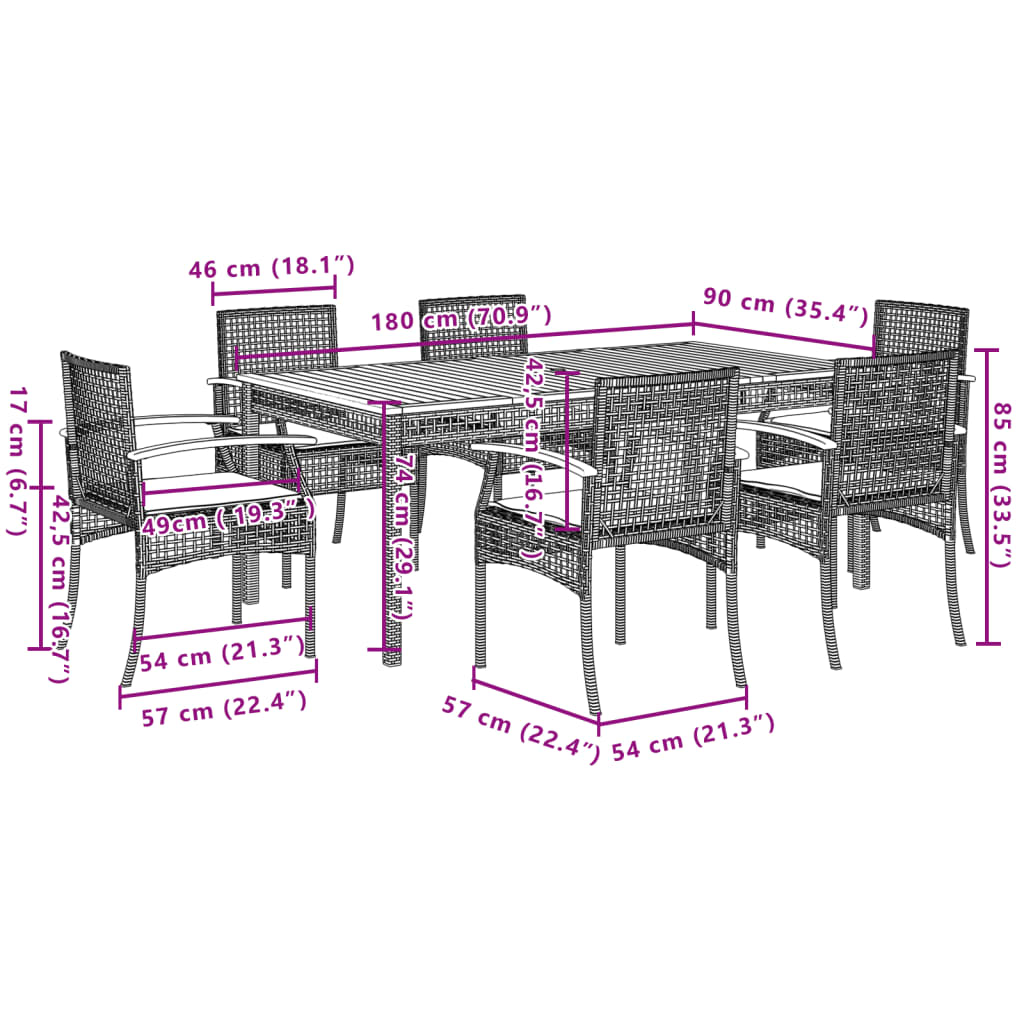 7 Piece Garden Dining Set with Cushions Grey Poly Rattan