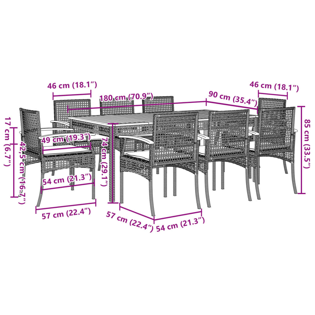 9 Piece Garden Dining Set with Cushions Grey Poly Rattan