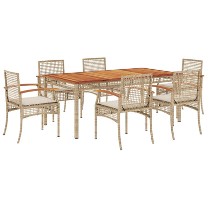 7 Piece Garden Dining Set with Cushions Beige Poly Rattan