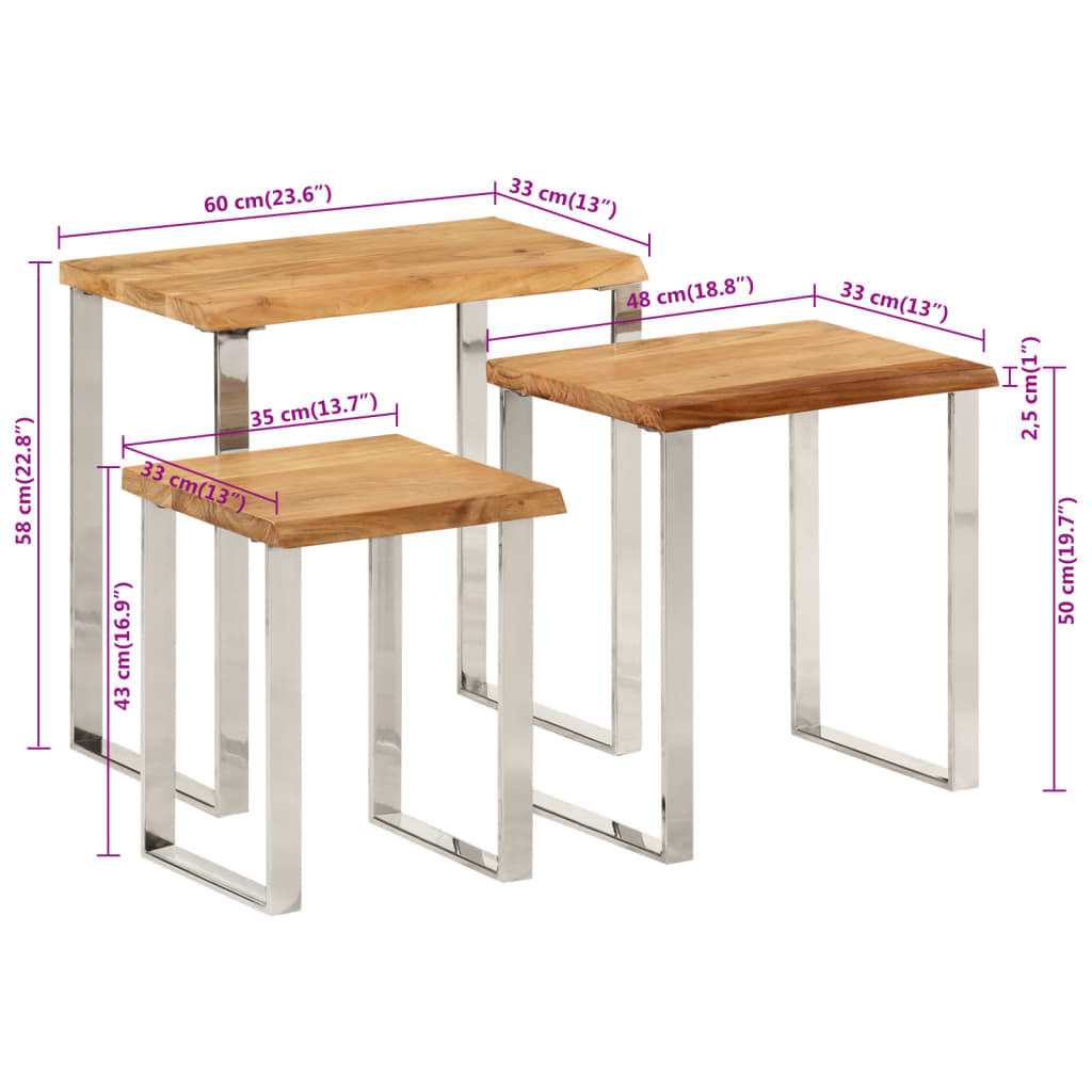 Nesting Tables 3 pcs with Live Edge Solid Wood Acacia