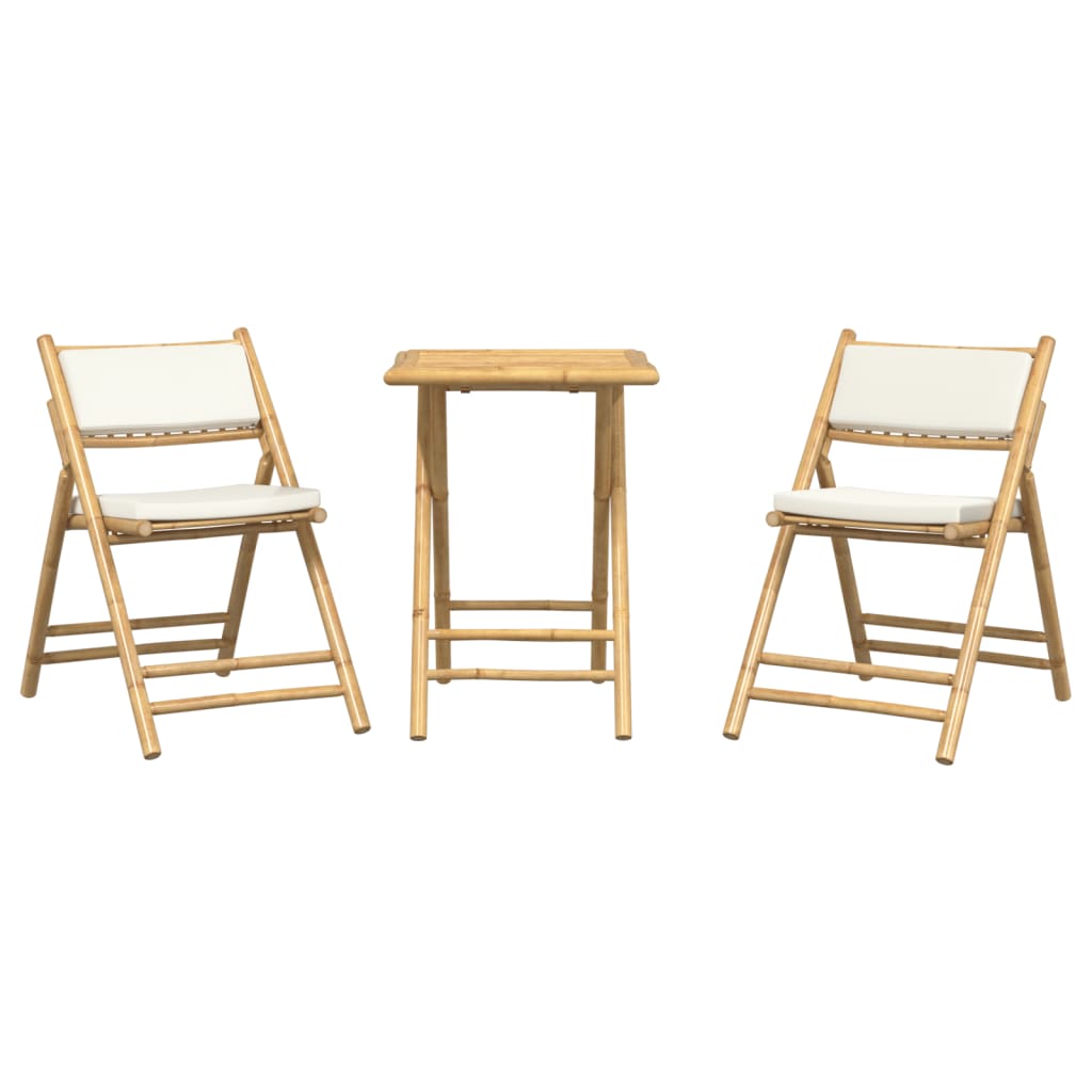 3 Piece Folding Bistro set with Cream White Cushions Bamboo