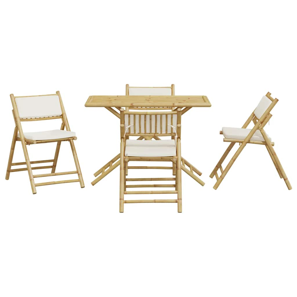 5 Piece Folding Bistro set with Cream White Cushions Bamboo