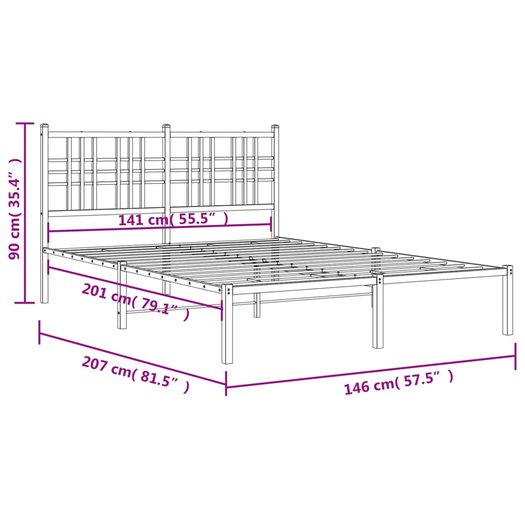 Metal Bed Frame without Mattress with Headboard Black 140x200cm