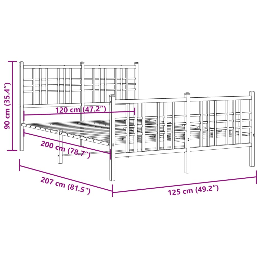 Metal Bed Frame without Mattress with Footboard Black 120x200cm