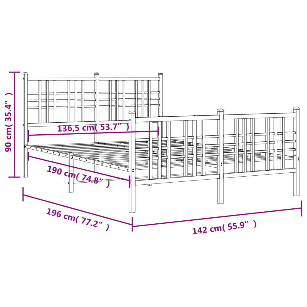 Metal Bed Frame without Mattress with Footboard White 137x190cm