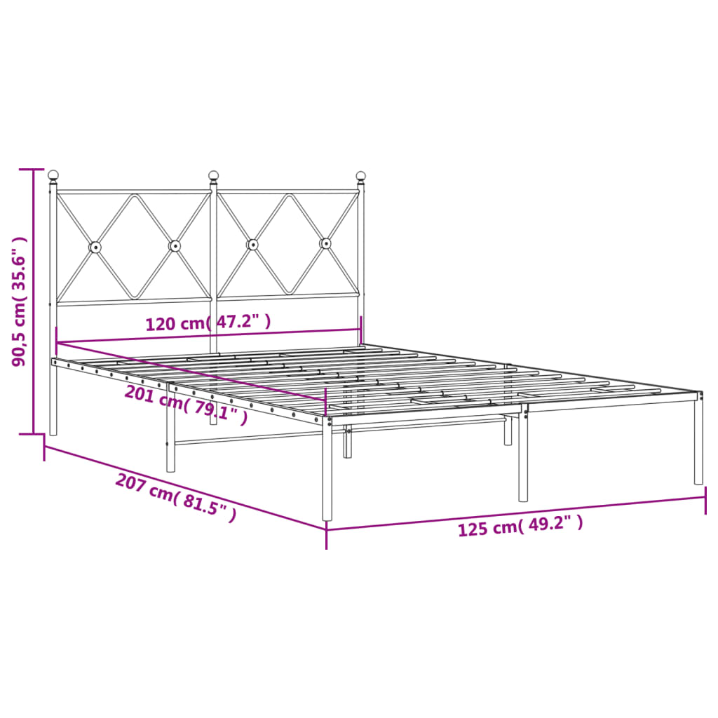 Metal Bed Frame without Mattress with Headboard Black 120x200cm