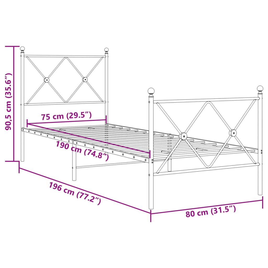 Metal Bed Frame without Mattress with Footboard Black 75x190cm