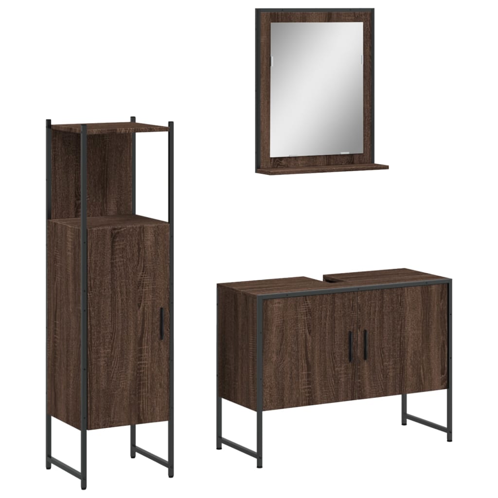 3 Piece Bathroom Cabinet Set Brown Oak Engineered Wood