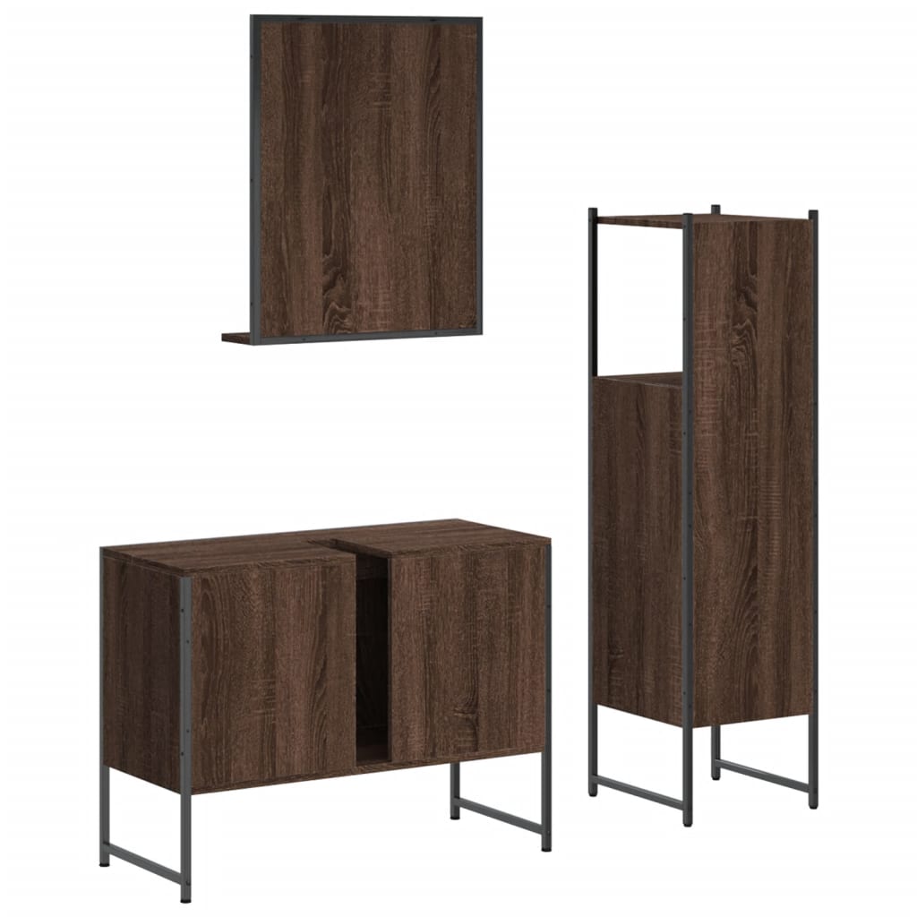 3 Piece Bathroom Cabinet Set Brown Oak Engineered Wood