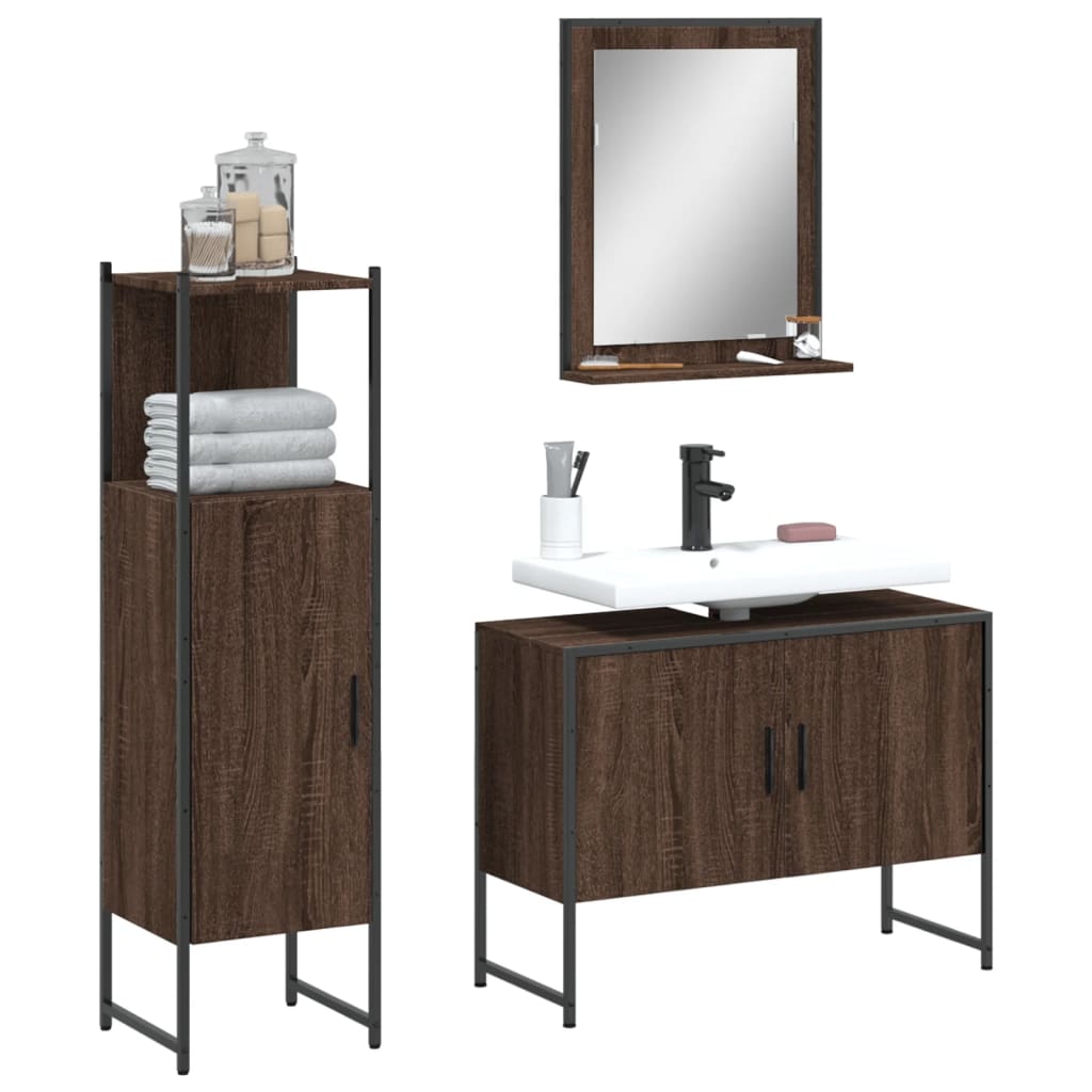 3 Piece Bathroom Cabinet Set Brown Oak Engineered Wood