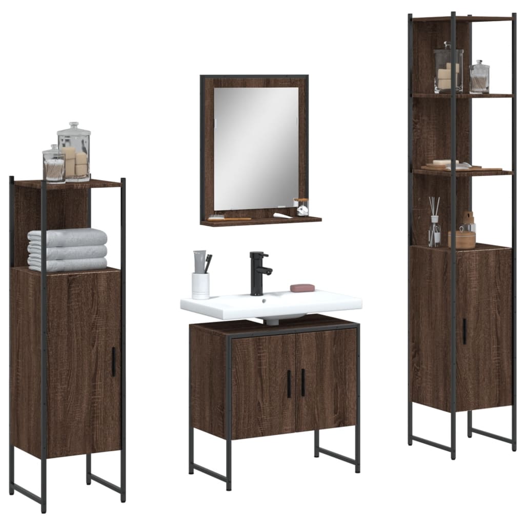 4 Piece Bathroom Cabinet Set Brown Oak Engineered Wood